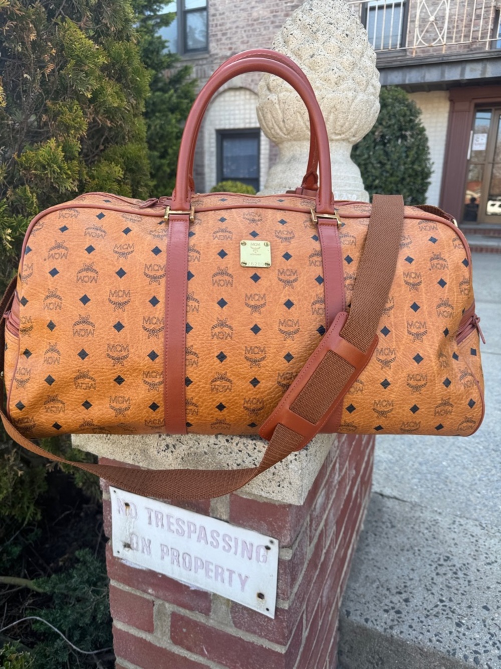 MCM Cognac Monogram Visetos Duffel with Chestnut Trim Unisex handmade in Germany